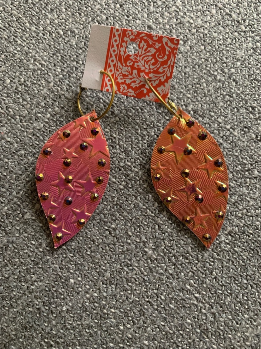 Gold Hoop Leaf Drop Earrings in Pink and Orange Ombre